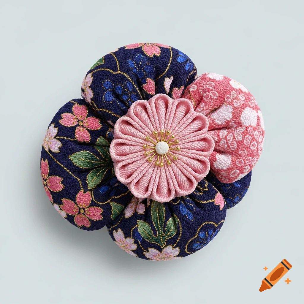 A close-up, top-down view of a vibrant Japanese fabric flower brooch. It features a pink pleated center surrounded by four dark blue petals with pink cherry blossom patterns.