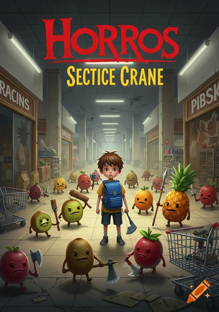 Game cover art for a horror game, featuring a child with a blue backpack holding an axe, surrounded by angry, weapon-wielding anthropomorphic fruits in a dilapidated supermarket.