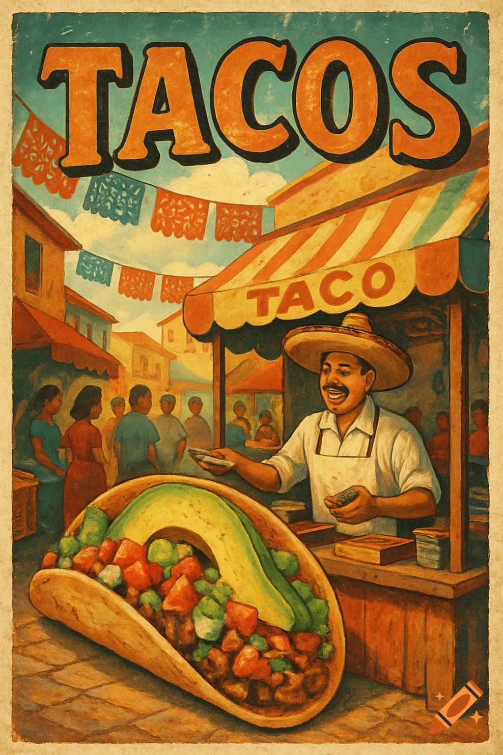 Vintage-style poster advertising tacos, featuring a smiling vendor at a street stall and a large taco with avocado.