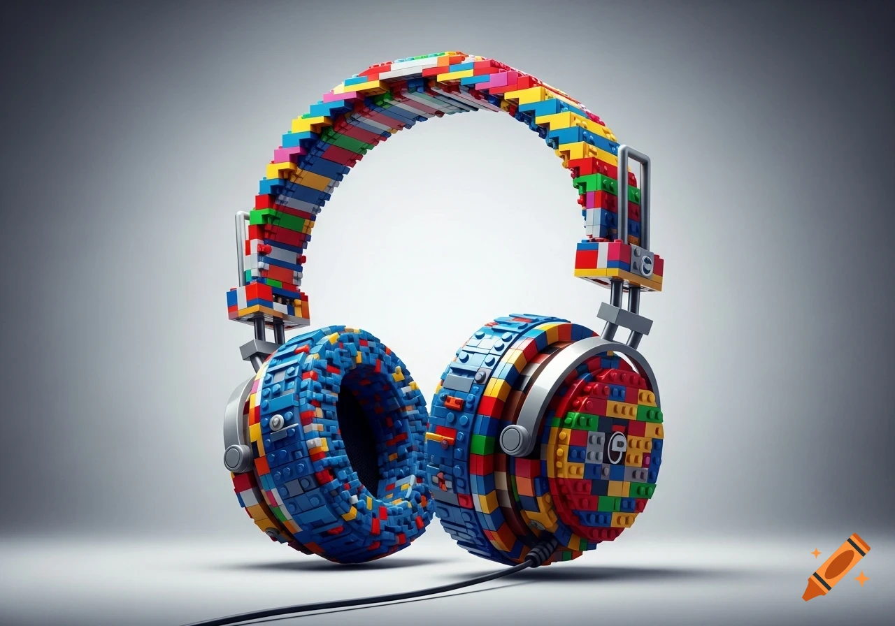 Colorful headphones made entirely of Lego bricks, against a neutral grey background.