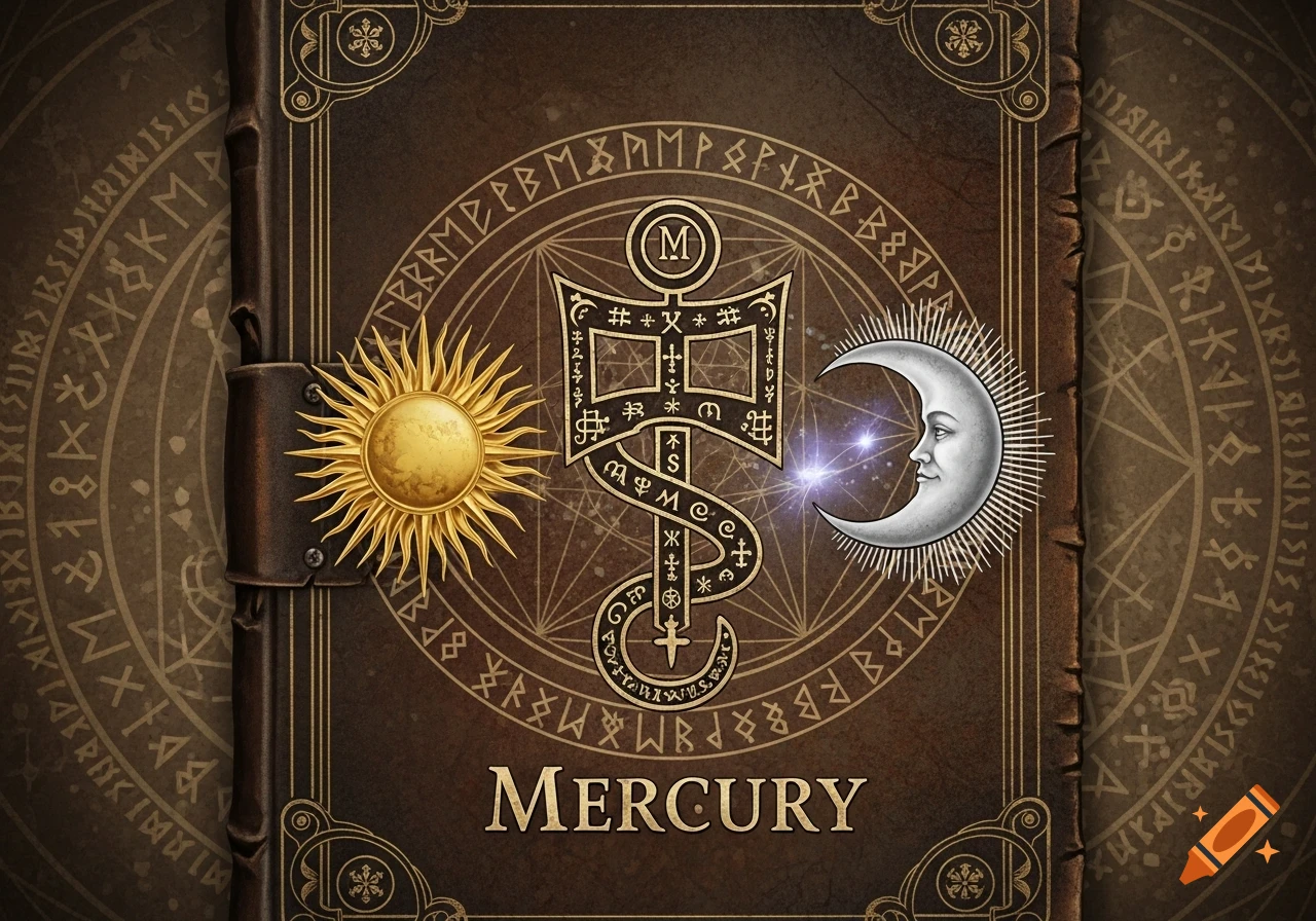 A dark brown book cover features a golden sun, a silver crescent moon, an ornate alchemical symbol, and the word 'MERCURY'.