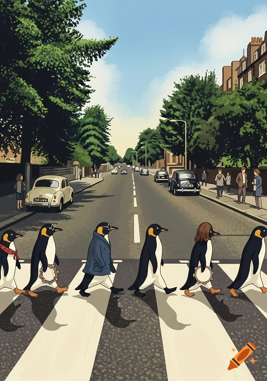 Eight cartoon penguins parodying the Beatles crossing a zebra road on a city street, with cars and buildings in the background.