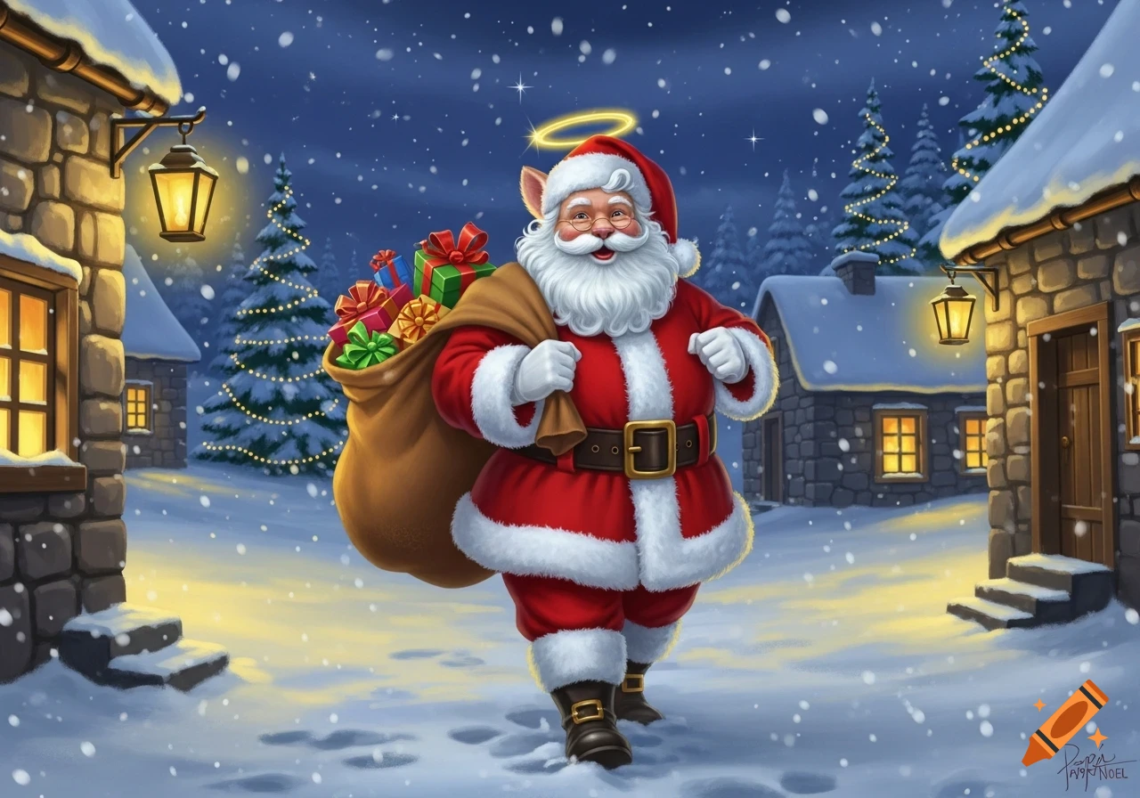 Smiling Santa Claus with a halo and pointy ears walks through a snowy village at night, carrying a sack full of colorful gifts.