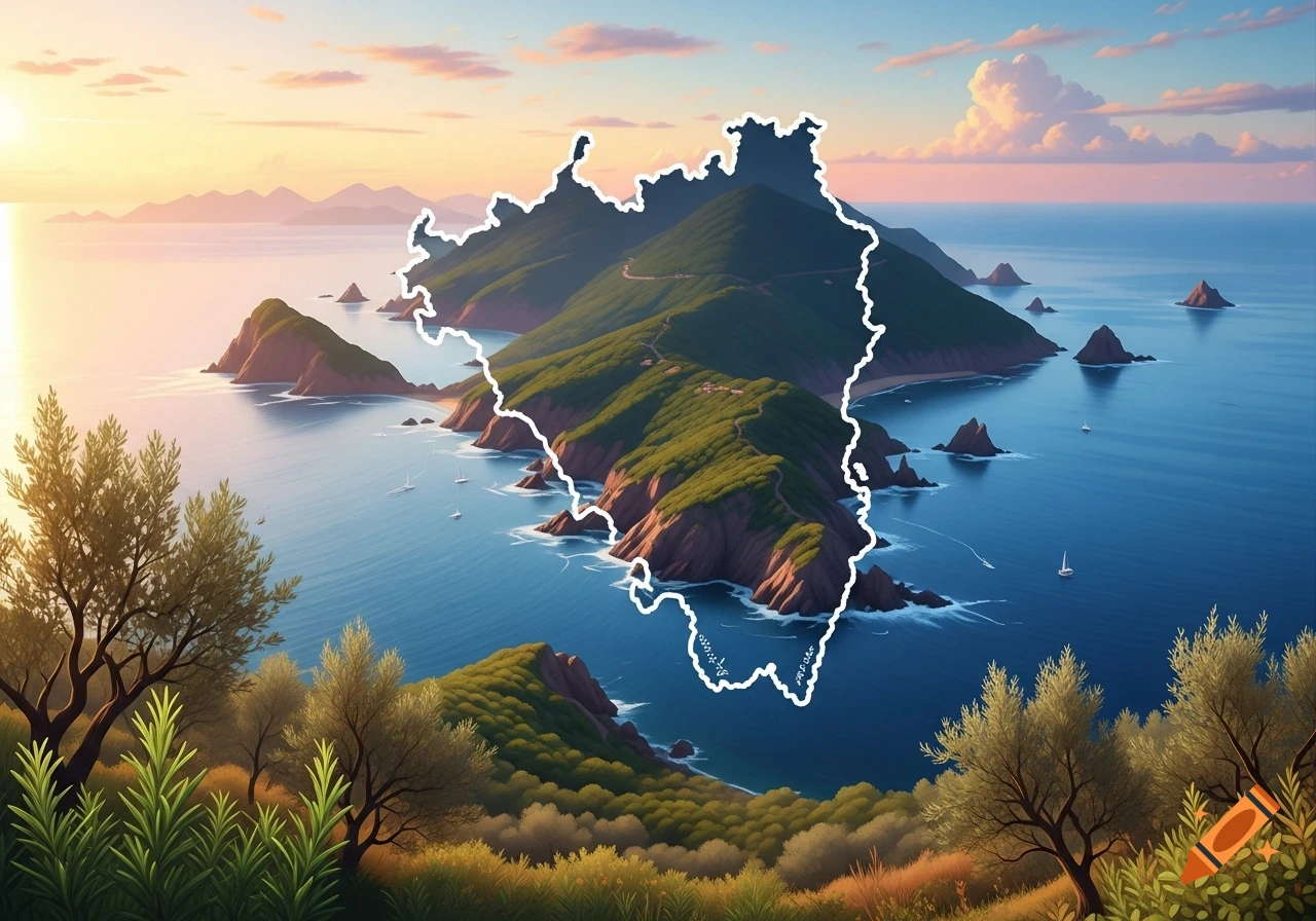 A stylized illustration of a green, mountainous island with a white outline, surrounded by blue ocean under a colorful sunset sky.