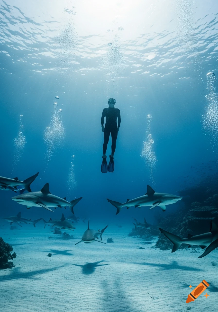 A photorealistic image of a diver in a wetsuit, wearing a mask and fins, floating amidst a school of sharks in clear blue ocean water.