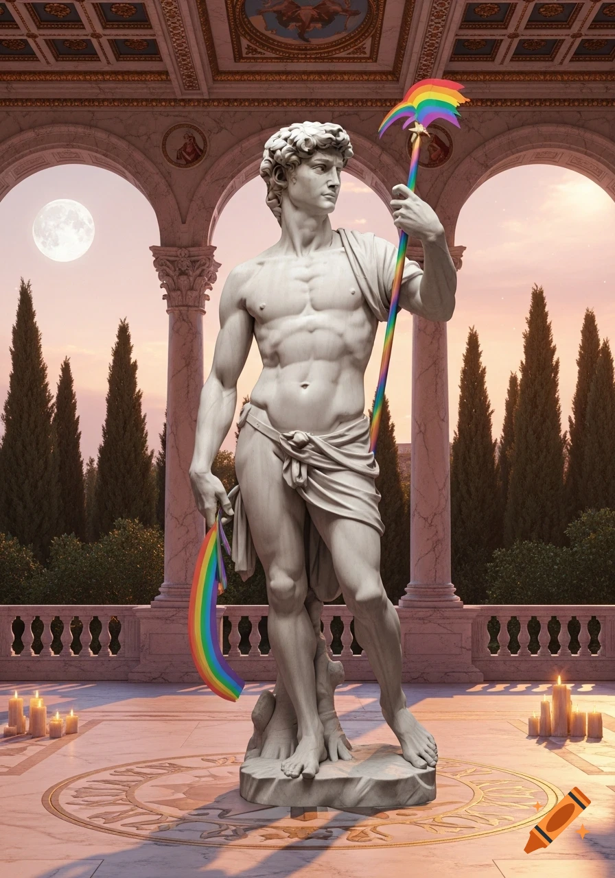 Classical marble statue resembling David, holding a rainbow staff and cloth, in an ornate outdoor setting with arches and a full moon.