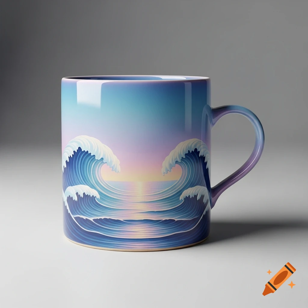 A colorful mug with a stylized ocean wave and sunset design against a gray background.