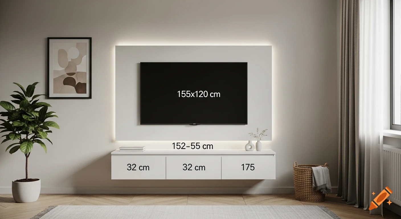 A modern living room featuring a white TV wall unit with LED backlighting, a large black TV screen showing measurements, a potted plant, and a wicker basket.