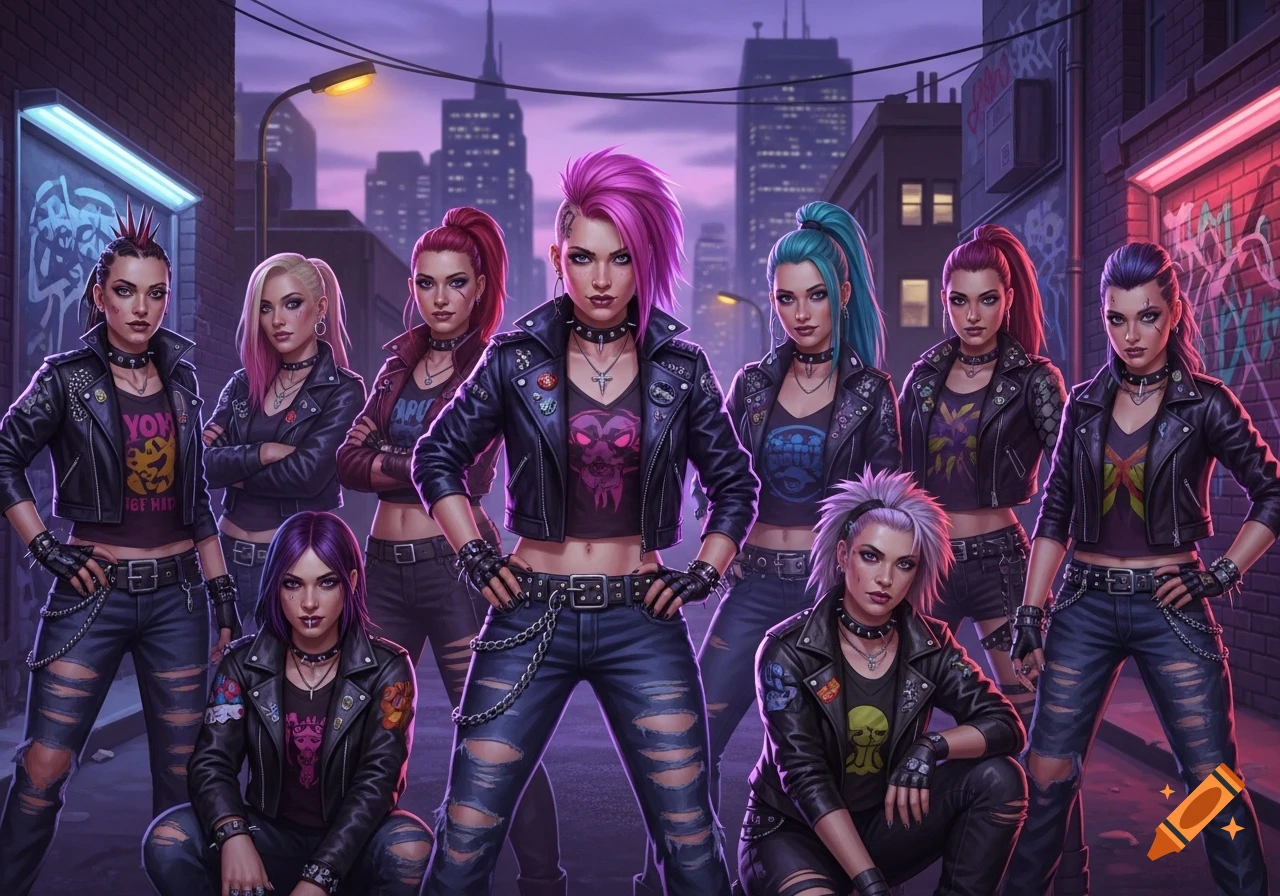 Eight diverse women in punk fashion, wearing leather jackets, ripped jeans, and colorful mohawks, pose in a neon-lit city alley with graffiti.