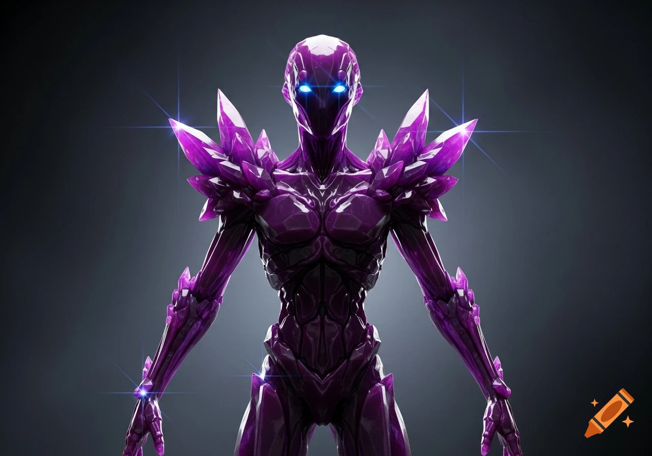 A purple crystal humanoid figure with glowing blue eyes and spiky shoulders stands in a dark setting.
