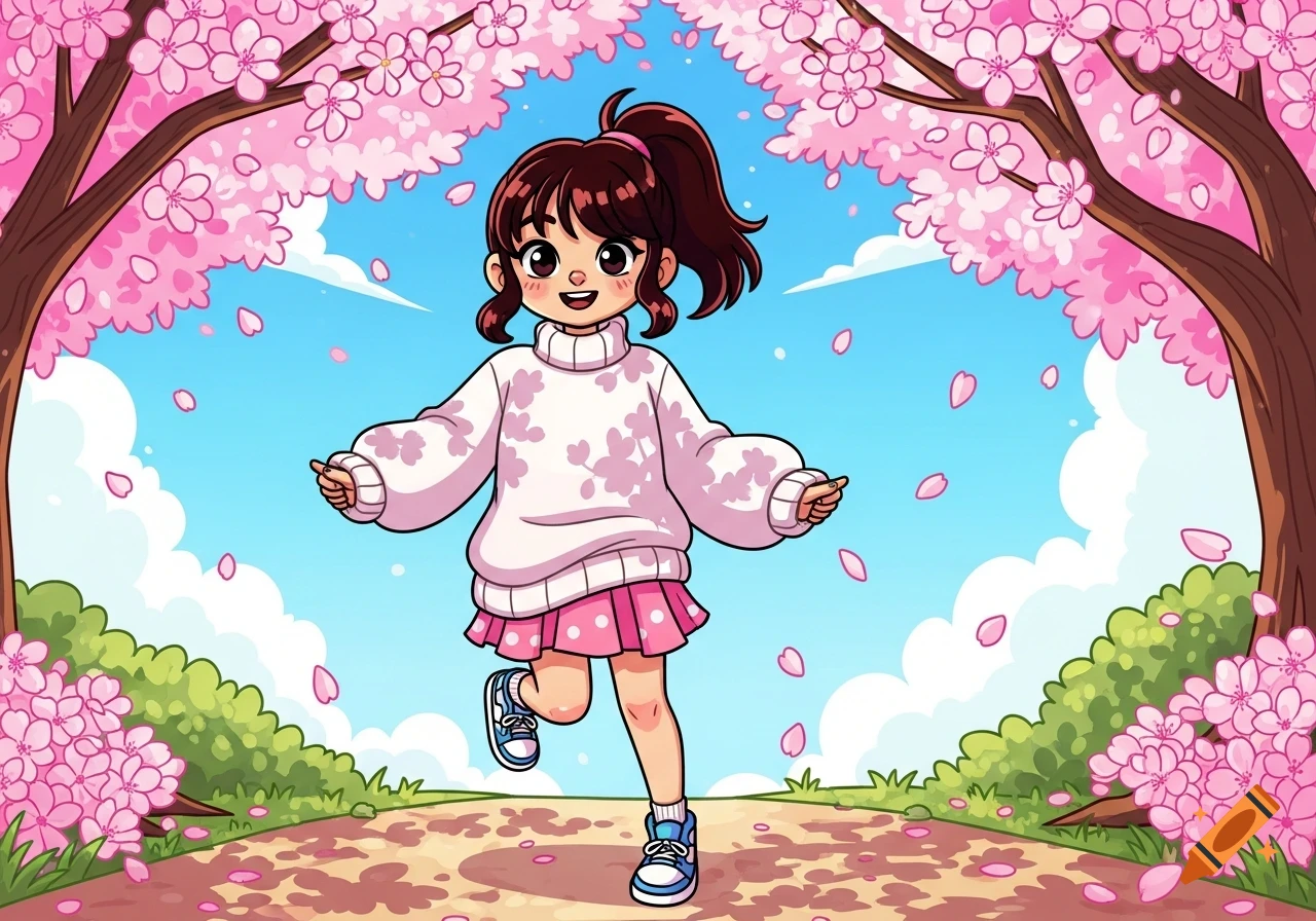 Cartoon girl skipping through a path lined with pink cherry blossom trees, wearing a white sweater and pink skirt.