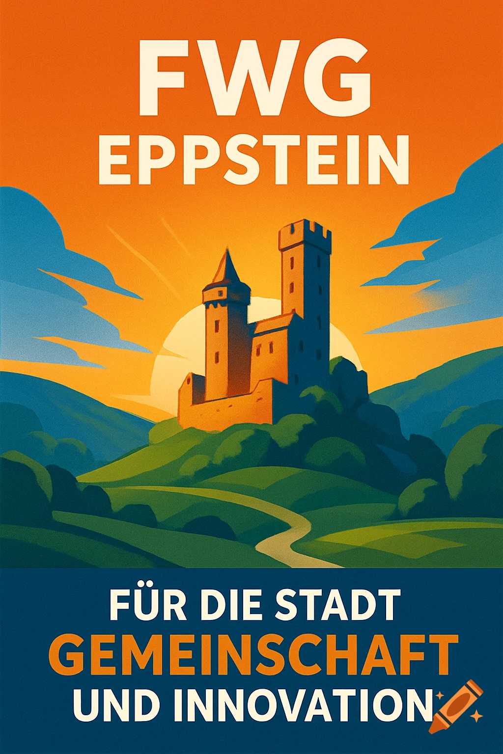 Stylized election poster for FWG Eppstein with a castle on a hill at sunset, green fields, and a road.