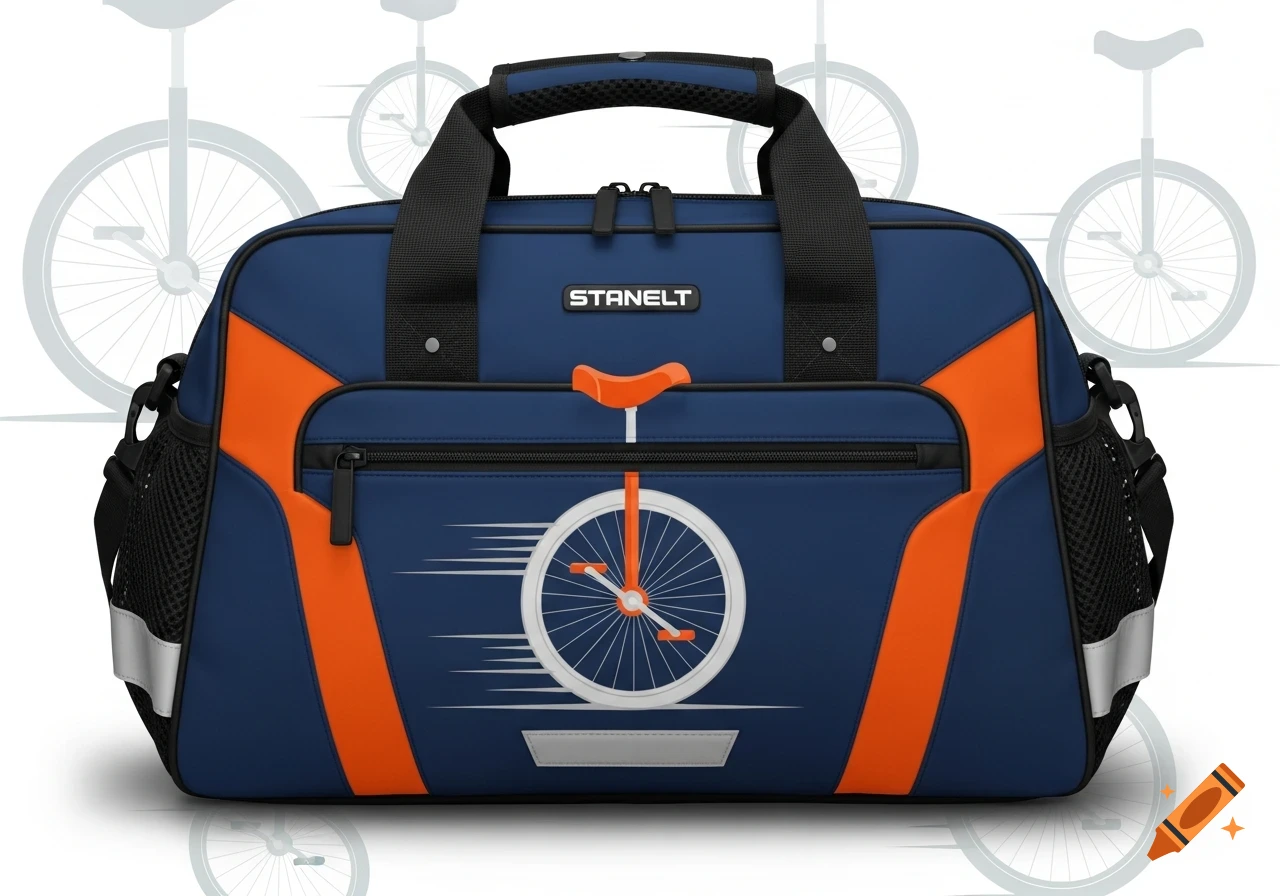 Blue and orange duffel bag with a white unicycle wheel graphic and 'STANELT' logo.
