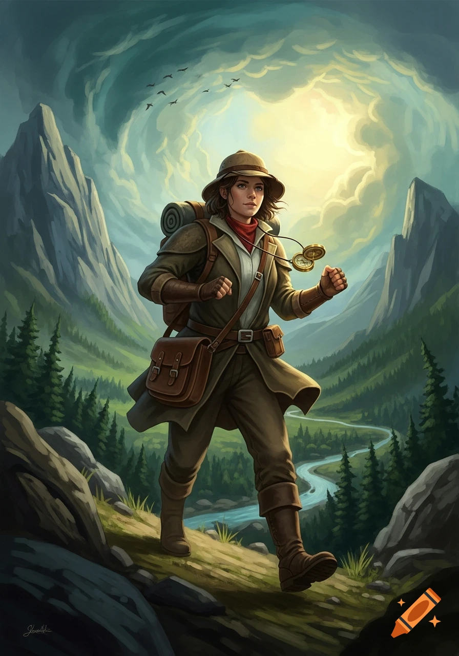An illustrated fantasy art image of a female explorer hiking in a ...