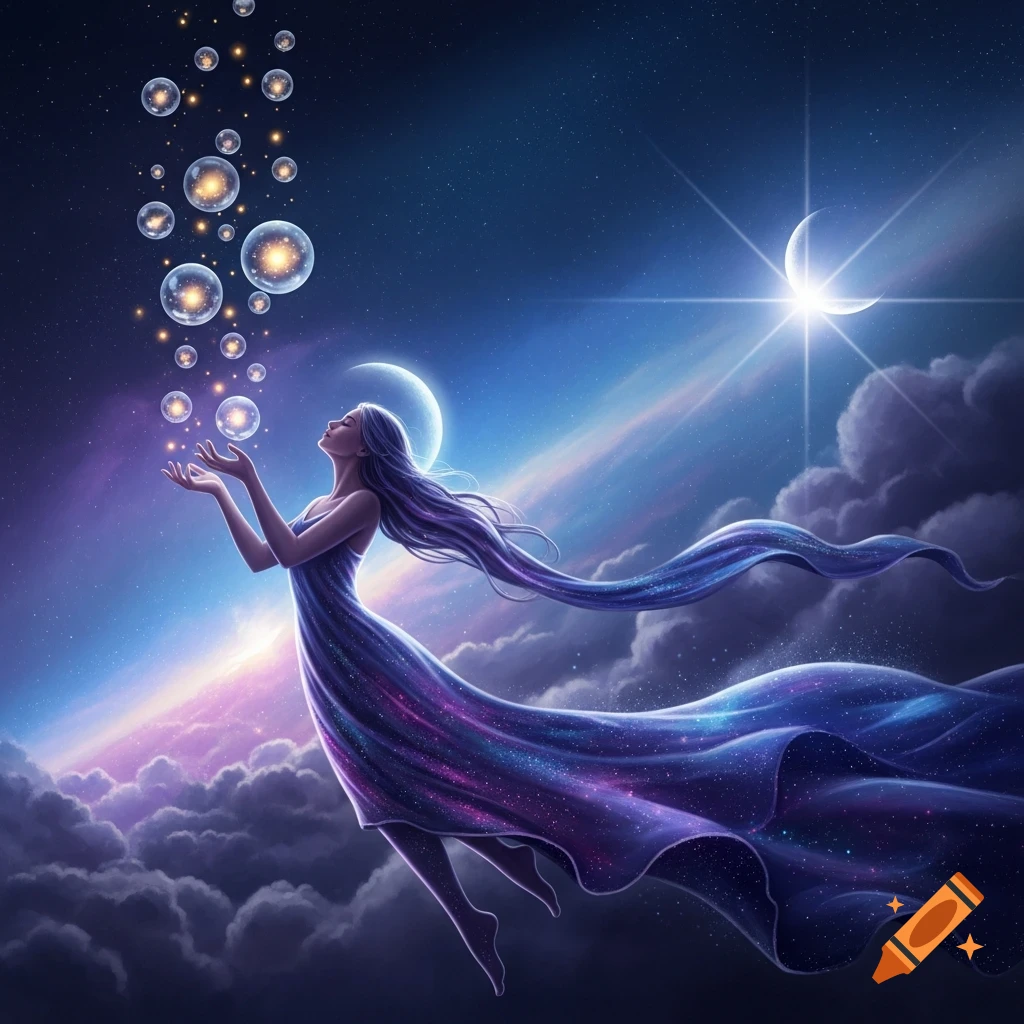 A fantasy illustration of a celestial woman floating in a cosmic night sky, releasing glowing bubbles from her outstretched hands, with flowing, star-dusted purple fabric.