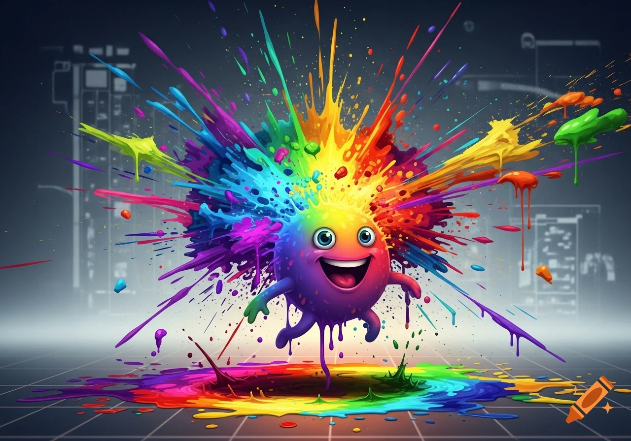 A vibrant, happy rainbow-colored cartoon creature with big eyes explodes in a burst of paint splatters, standing in a colorful puddle.