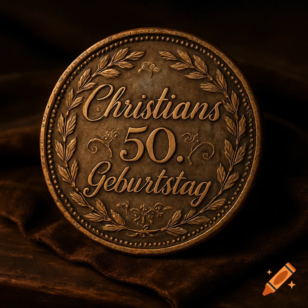 An antique-style bronze coin with a laurel wreath border, featuring the engraved text "Christians 50. Geburtstag" on a dark fabric background.