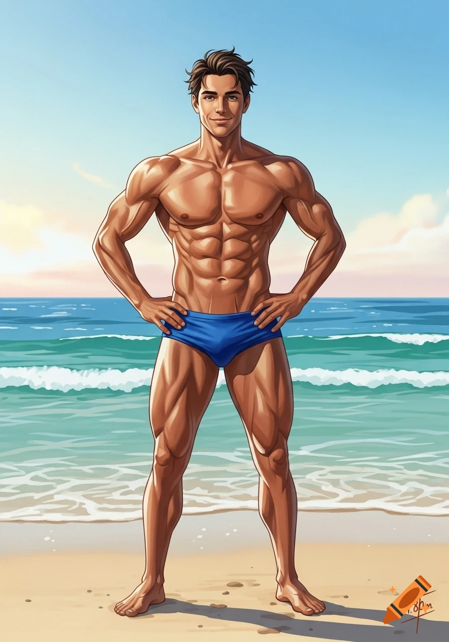 Muscular man in blue swimming trunks stands on a sandy beach with the calm sea behind him, depicted in an anime style illustration.