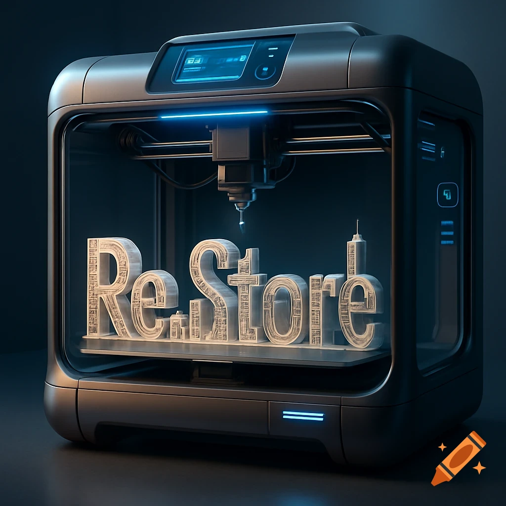 A photorealistic 3D printer prints the text 'Re.Store' on a dark background, glowing with blue light.