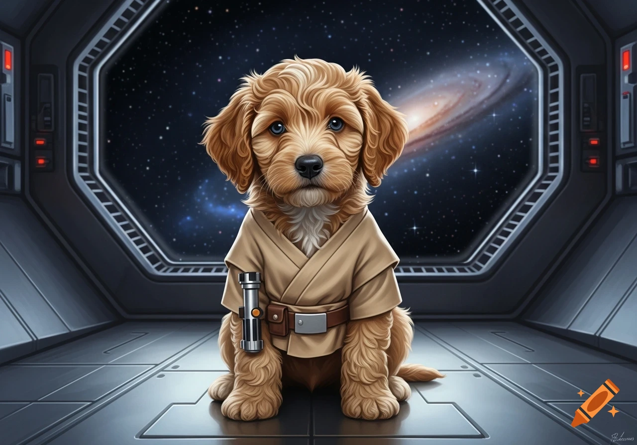 A brown Labradoodle puppy in a Jedi costume with a lightsaber, sitting in a spaceship cockpit looking at a galaxy.