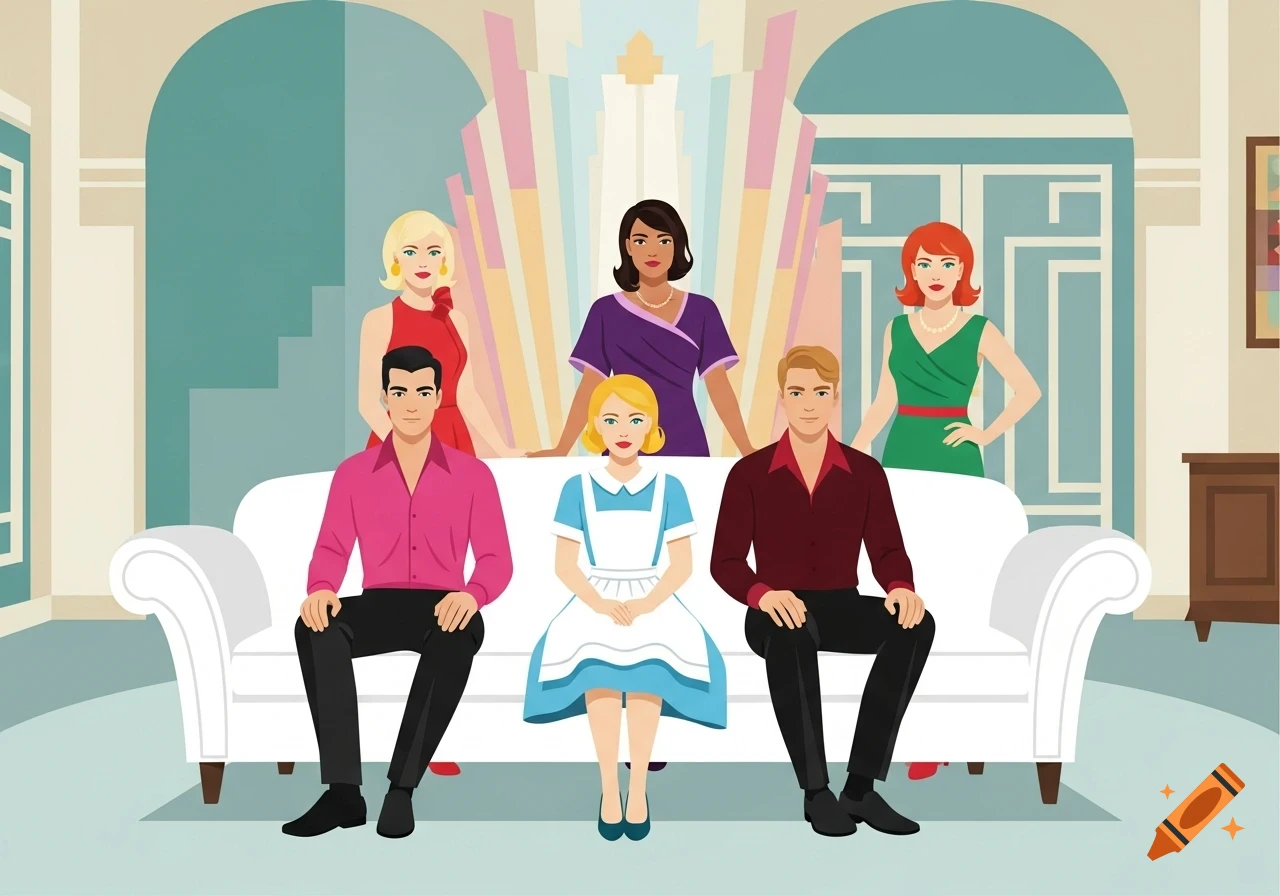 Art Deco illustration of three men and three women in a living room, with two men and a girl seated on a white sofa.