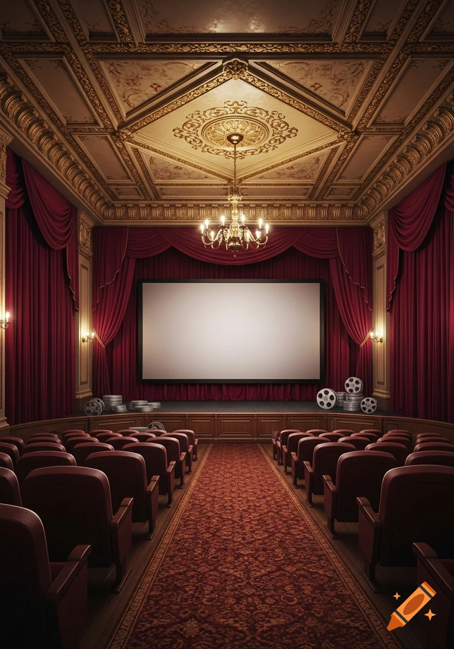 A luxurious vintage projection room with red velvet curtains, a large blank screen, ornate gold ceiling, and rows of red seats.