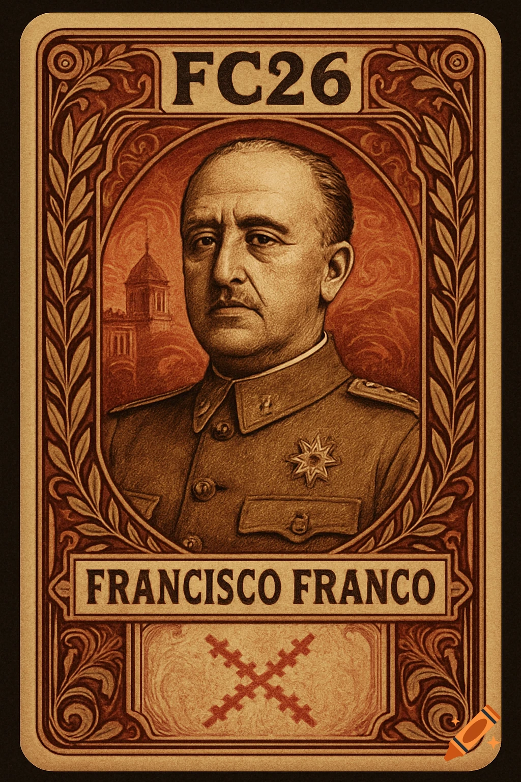 Vintage trading card with a sepia portrait of Francisco Franco in uniform, flanked by decorative borders, displaying 'FC26' and 'FRANCISCO FRANCO' text and a Cross of Burgundy symbol.