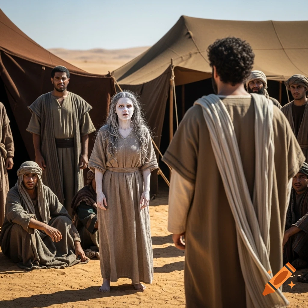 Photorealistic image of a pale, horrified woman with white skin and eyes, standing barefoot in a desert camp, surrounded by men in ancient robes.