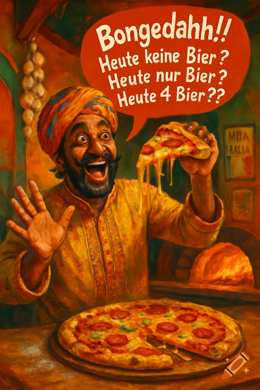 Painterly image of a joyful Indian-looking man in traditional attire holding a cheesy pizza slice, with a speech bubble above his head.