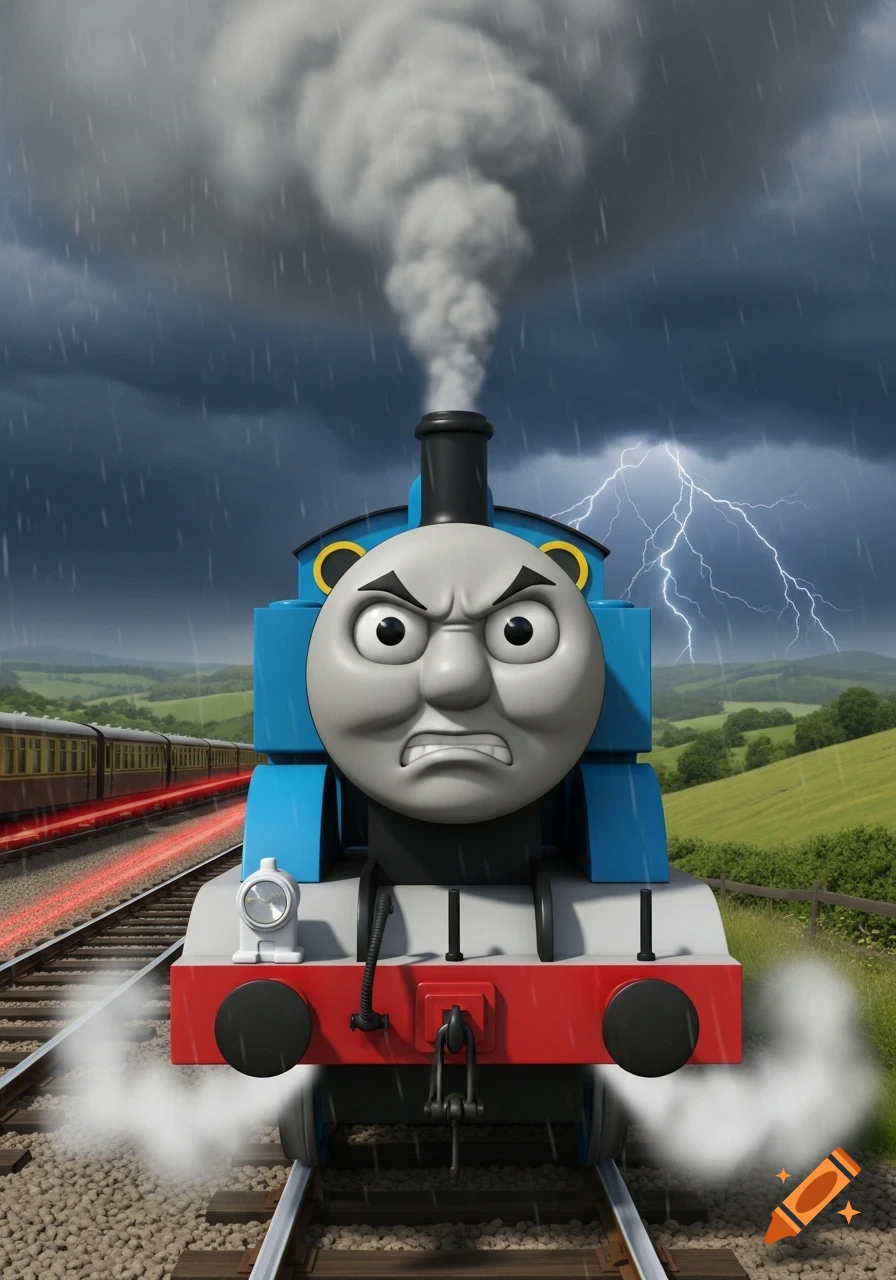 Angry Thomas the Tank Engine with steam coming from his funnel, on tracks in a thunderstorm with lightning and rain over green hills. Another train is visible in the background.