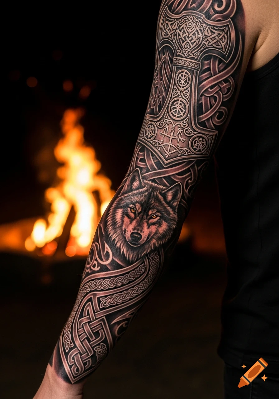 Photorealistic full sleeve tattoo featuring a wolf, Mjolnir, and intricate Celtic knotwork on an arm, with a blurred campfire.