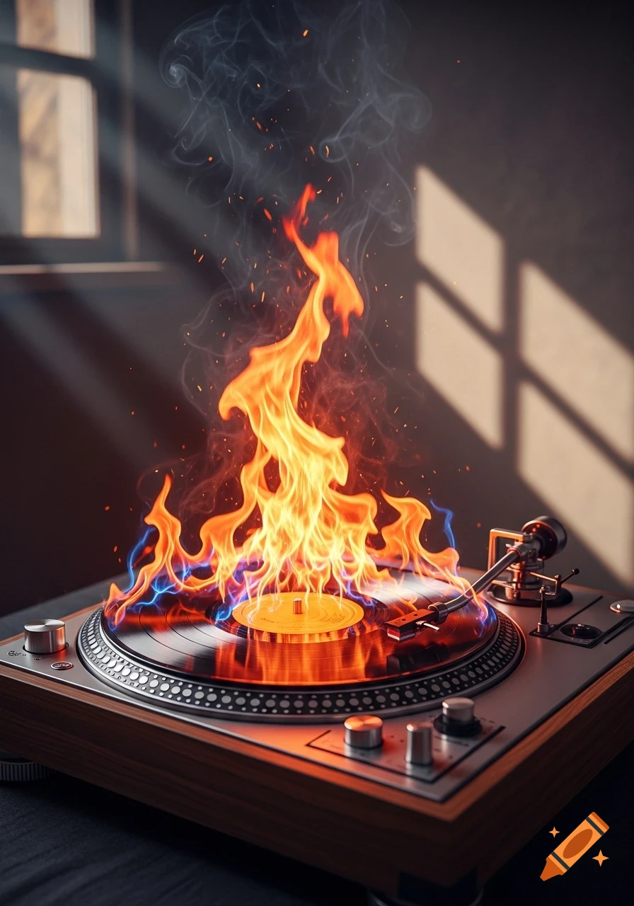 A photorealistic image of a vinyl record on a turntable engulfed in bright orange and blue flames, with smoke rising in a room with window shadows.