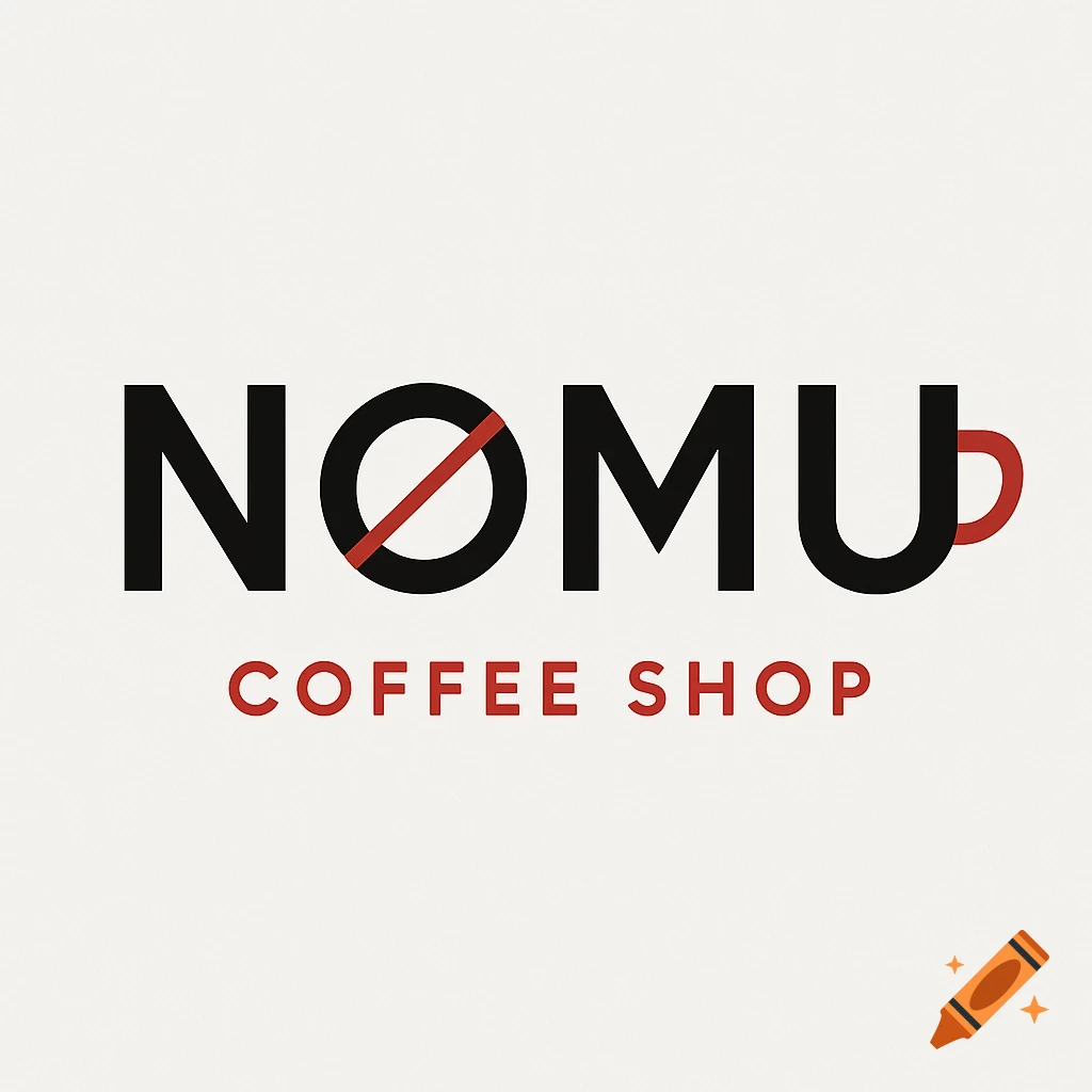 Logo for NOMU coffee shop featuring black text "NOMU" with a red slash through the "O" and a red cup handle on the "U", above red text "COFFEE SHOP" on a light background.