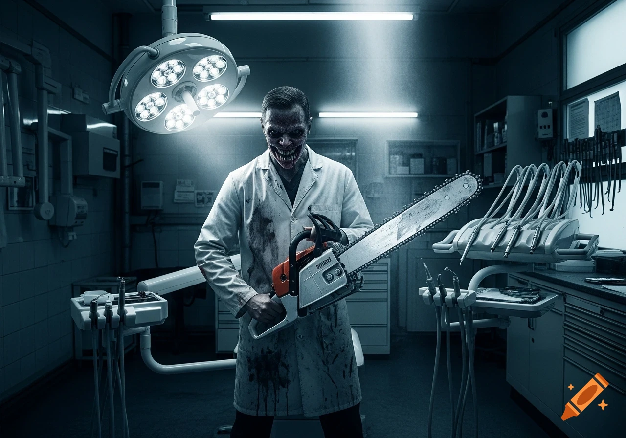 Photorealistic image of a demonic 'chainsaw dentist' with a monstrous grin and blood-splattered coat, holding a chainsaw in a dark dental office.