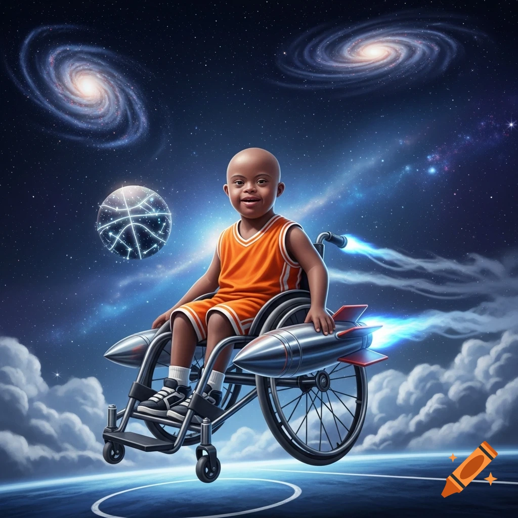 Mercury Rising Disabled Kid A smiling bald child with Down syndrome in a rocket-powered wheelchair ...