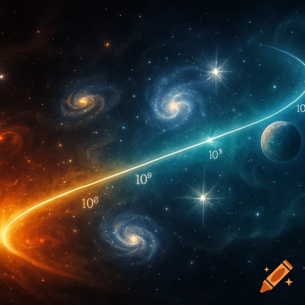 A vibrant cosmic scene with orange and blue nebulae, spiral galaxies, stars, a planet, and a glowing line marked with powers of ten.