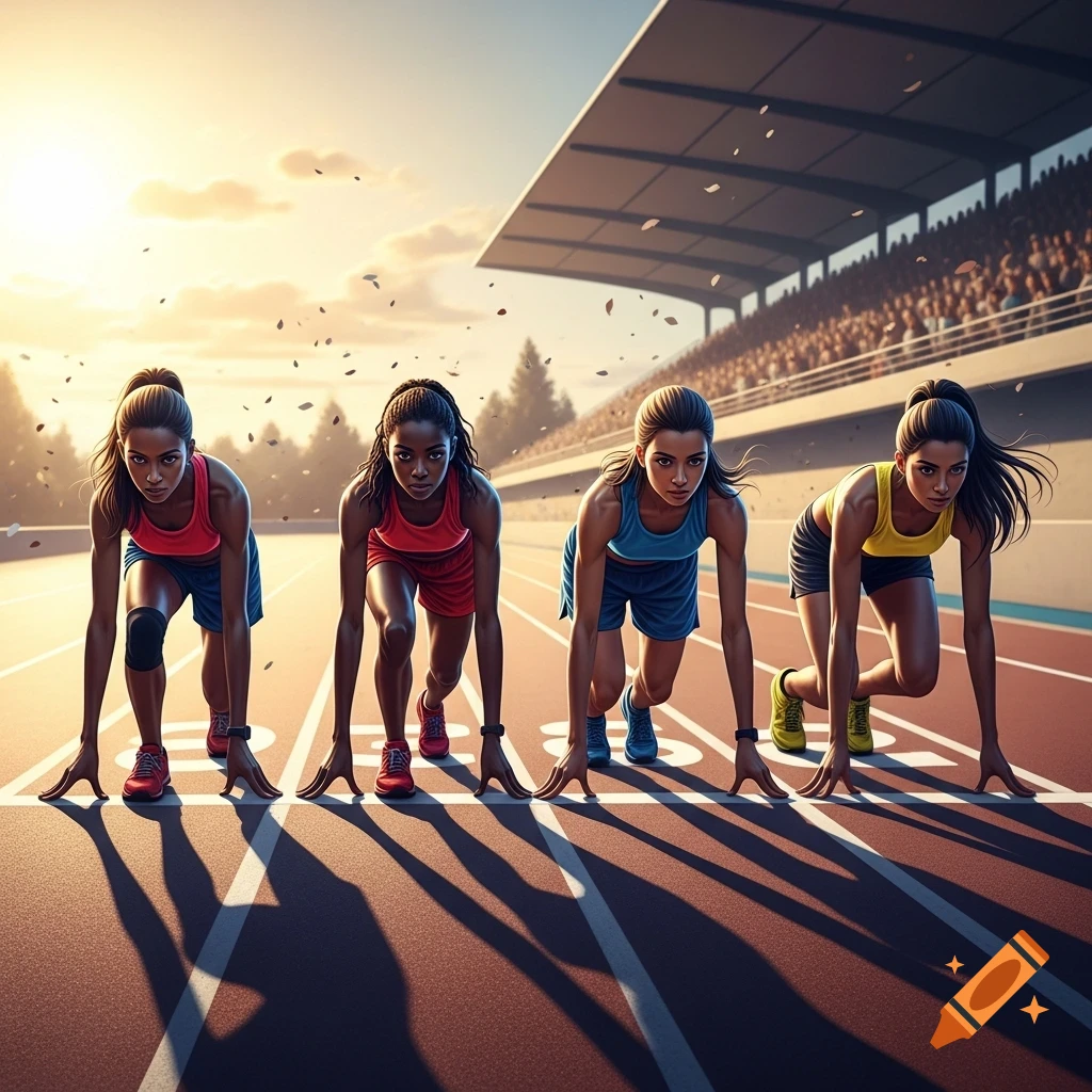 Four female athletes crouch in starting positions on a running track with a stadium in the background at sunset.