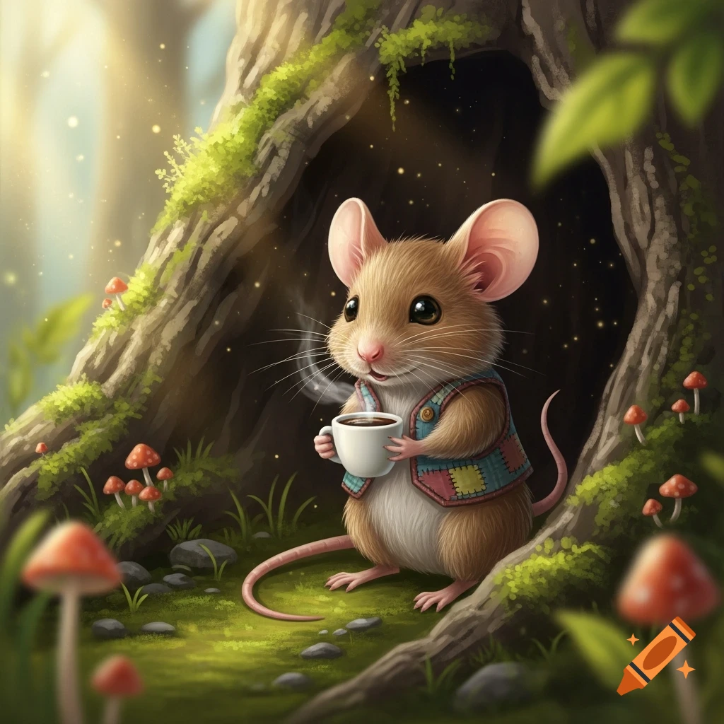 A cute mouse in a patchwork vest holds a steaming coffee cup, sitting by a mossy tree root in a whimsical fantasy forest.