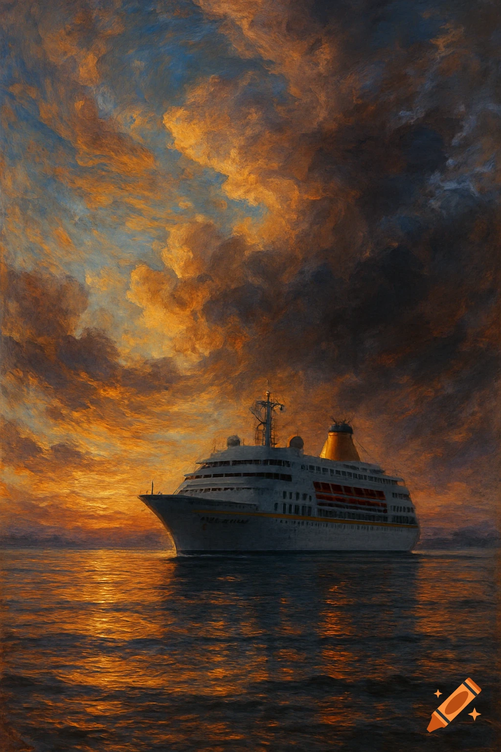 A painterly depiction of a large cruise ship sailing on the ocean under a dramatic orange and blue sunset sky.
