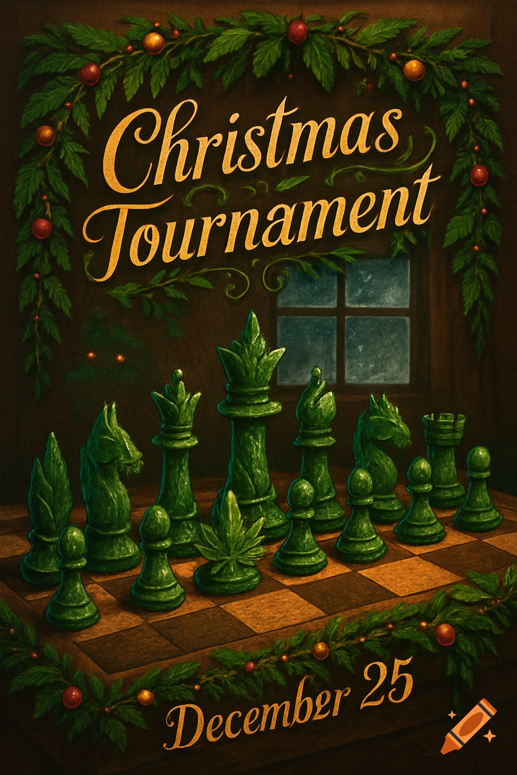 A festive, dark illustration for a "Christmas Tournament" on "December 25." Green, leafy chess pieces sit on a checkerboard, with one resembling a cannabis leaf. Christmas garlands adorn the border.