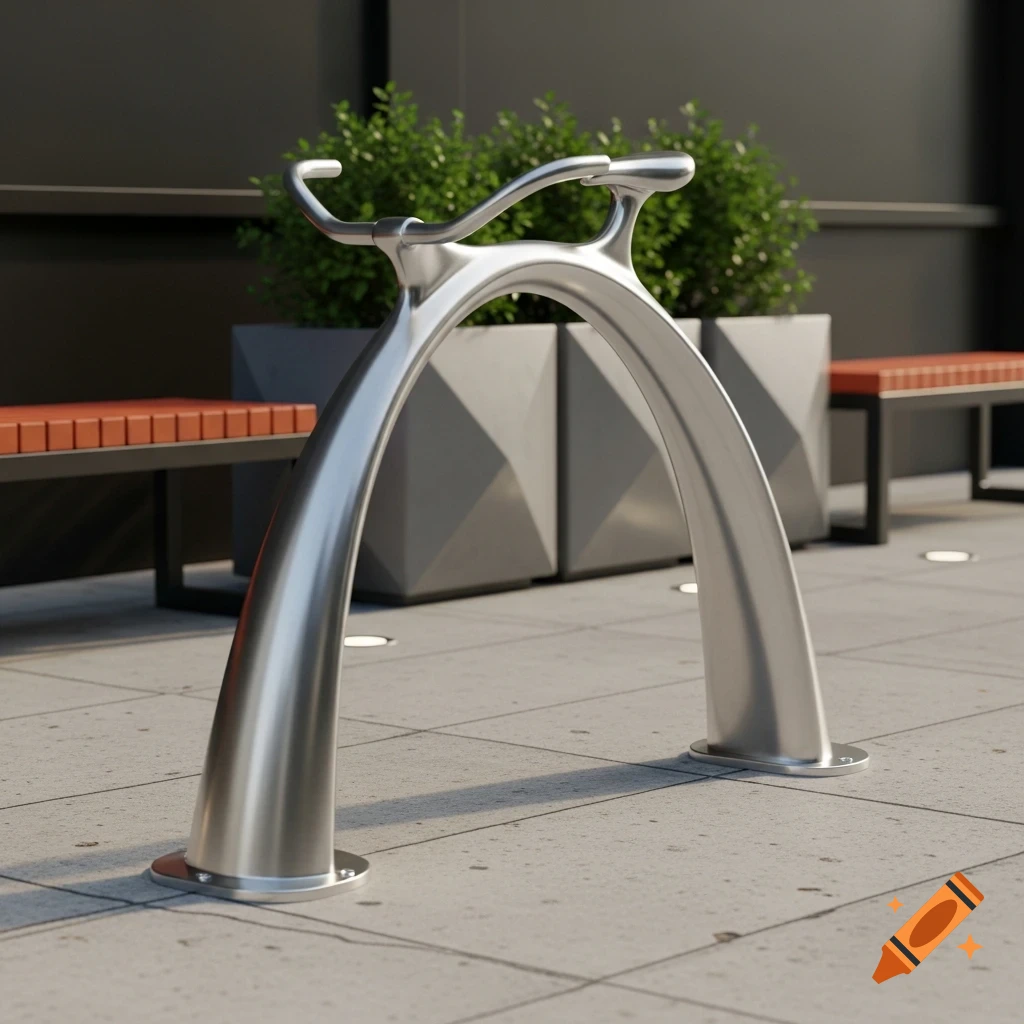 A modern, arch-shaped silver metal bicycle rack stands on tiled pavement. Green bushes in geometric planters and benches are in the background.