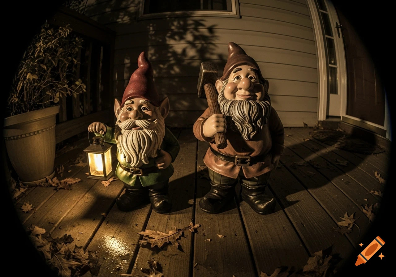 Two garden gnomes, one holding a lit lantern and the other a hammer, stand on a wooden porch at night, captured with a fisheye lens.