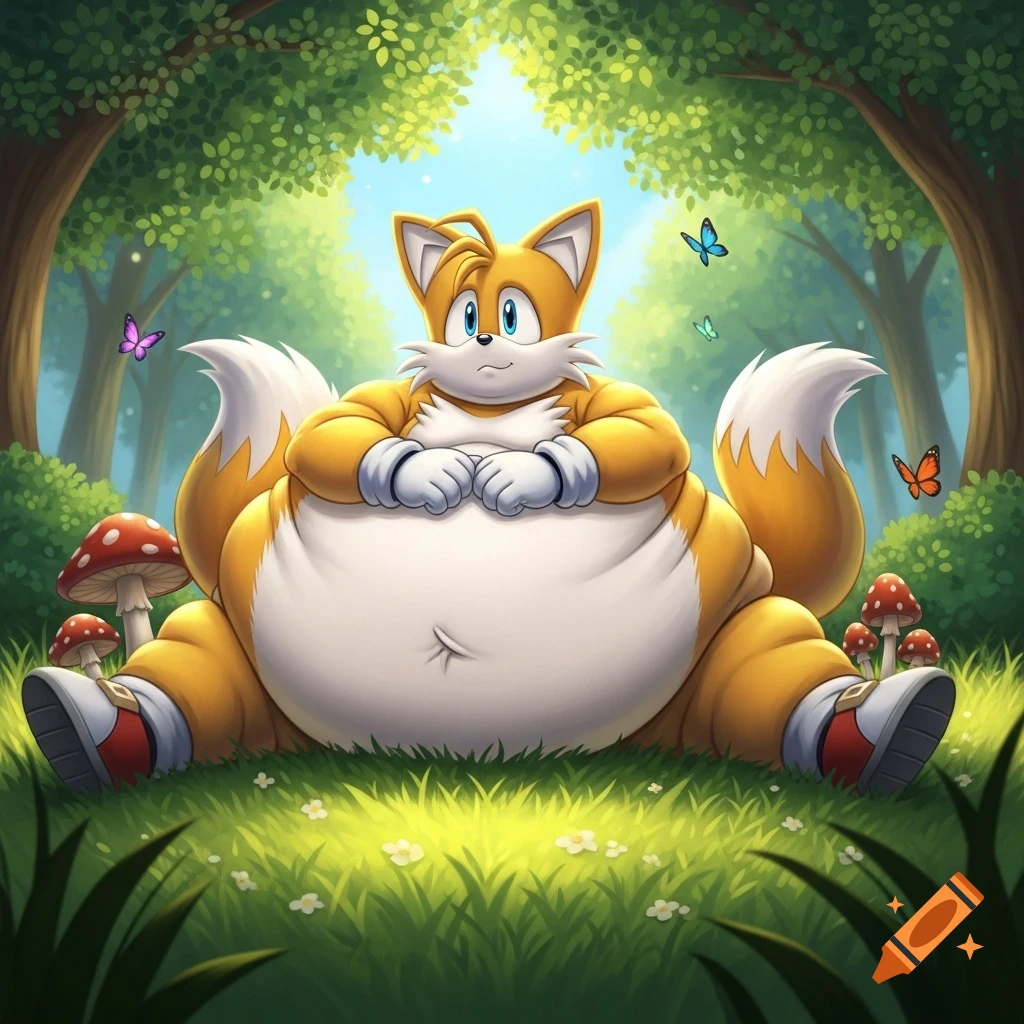 Morbidly obese cartoon character Tails the fox sits on a grassy forest floor with mushrooms and butterflies.