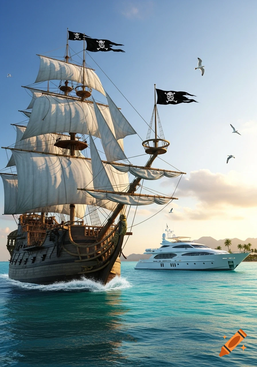 A large, old wooden pirate ship with white sails and black skull flags sails on turquoise waters, with a modern white yacht in the background near a tropical island.
