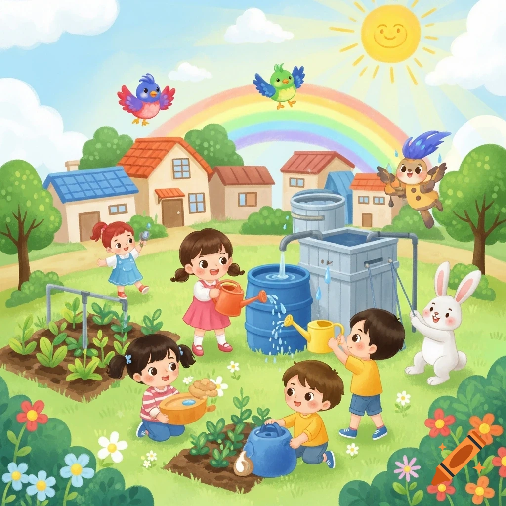 Bright cartoon illustration of children and animals gardening and collecting water in a sunny village with a rainbow.
