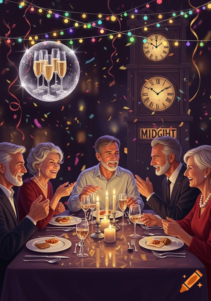 Older adults celebrate New Year's Eve dinner with champagne, confetti, and a clock tower.