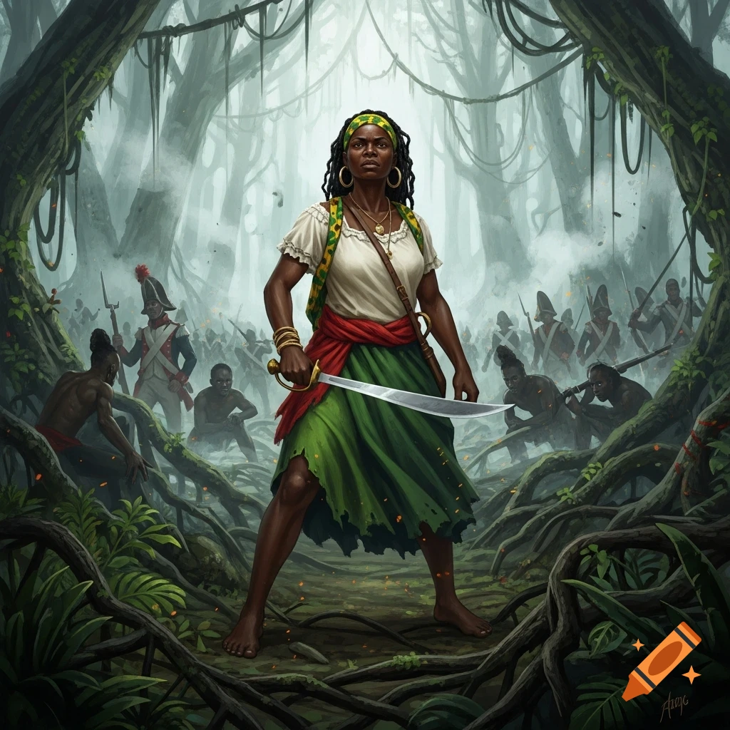 Painting of a fierce Black woman with a cutlass, Nanny of the Maroons, leading a jungle battle against British soldiers.