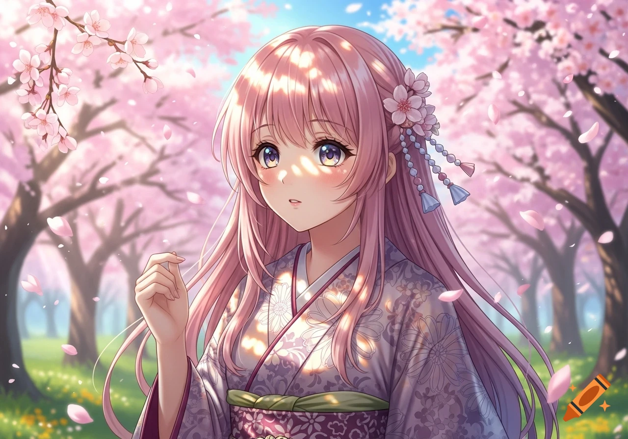 An anime girl with pink hair and a kimono stands among pink cherry blossom trees.