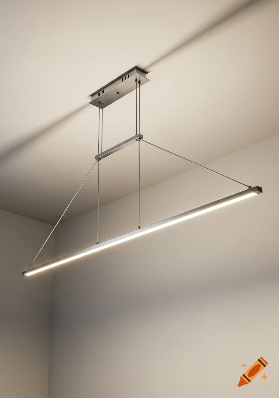 A modern linear pendant light fixture with a glowing bar, suspended from the ceiling by angled cables.