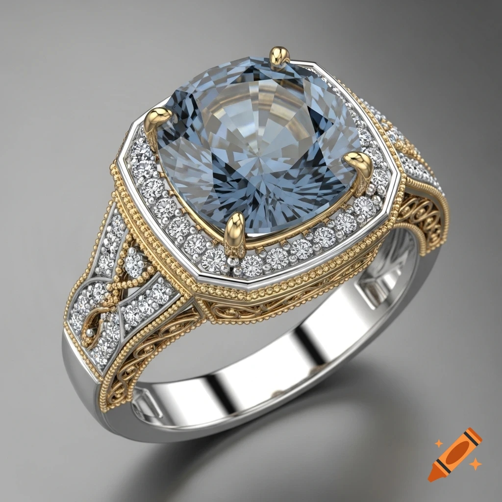 A luxurious ring featuring a large blue-grey cushion-cut sapphire surrounded by diamonds on a silver and gold filigree band.